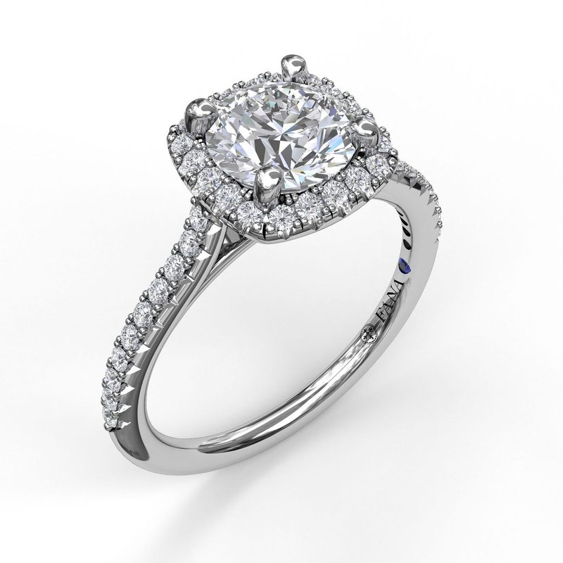 Delicate Cushion Halo Engagement Ring With Pave Shank Style # S3790