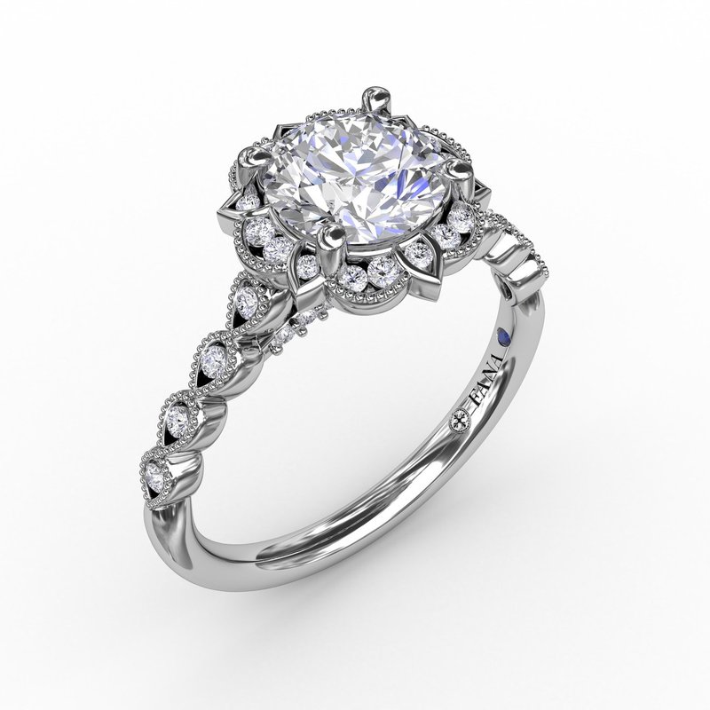 Round Diamond Engagement With Floral Halo and Milgrain Details
Style # S3311