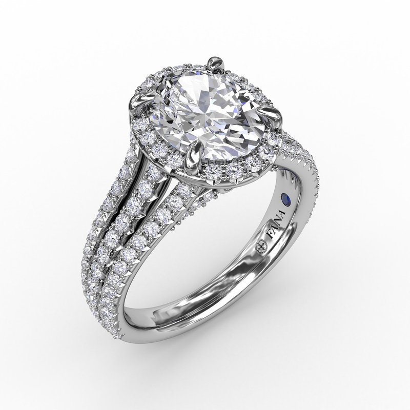 Oval Diamond Halo Engagement Ring With Triple-Row Diamond Band
Style # S3307