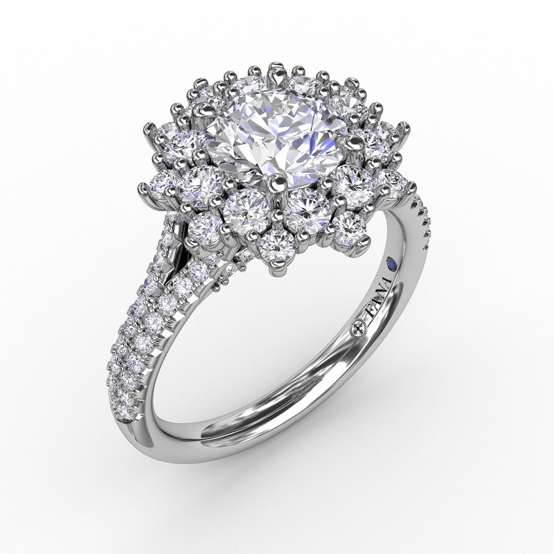 Contemporary Floral Halo Engagement Ring With Double-Row Pavé Band
Style # S3234