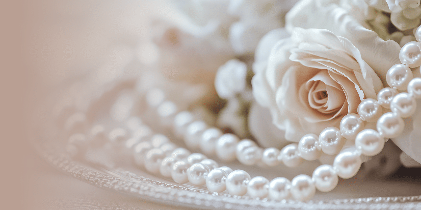 strands of pearls in font of a bouquet of roses
