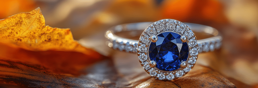 Sapphire and Diamond ring on fall leaves