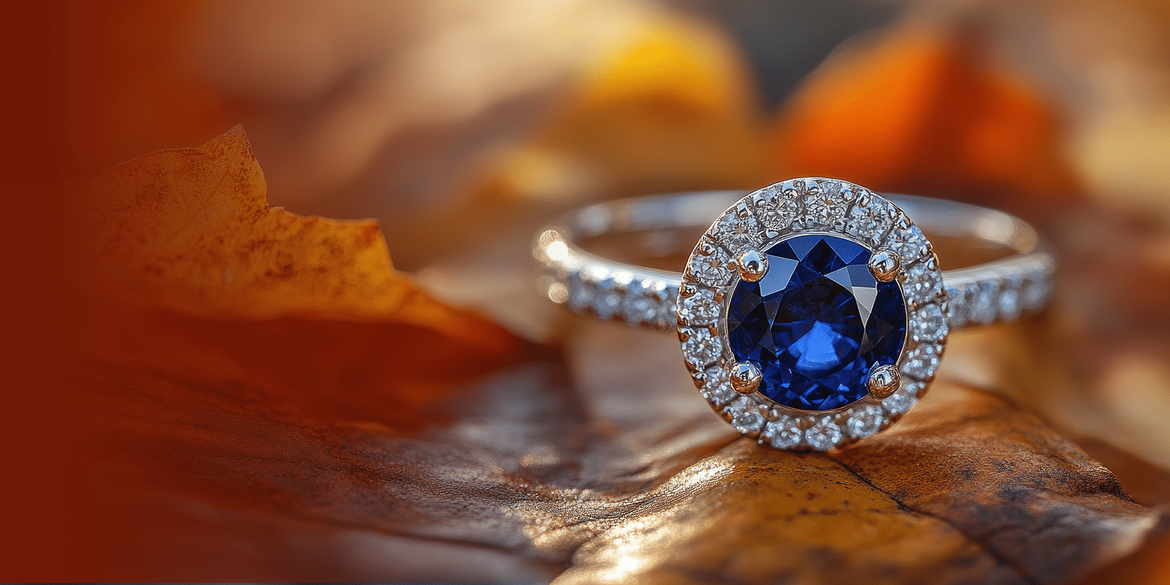 Sapphire and Diamond ring on fall leaves