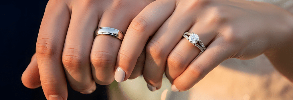 Bride and Groom holding their hands out side by side to display their wedding rings