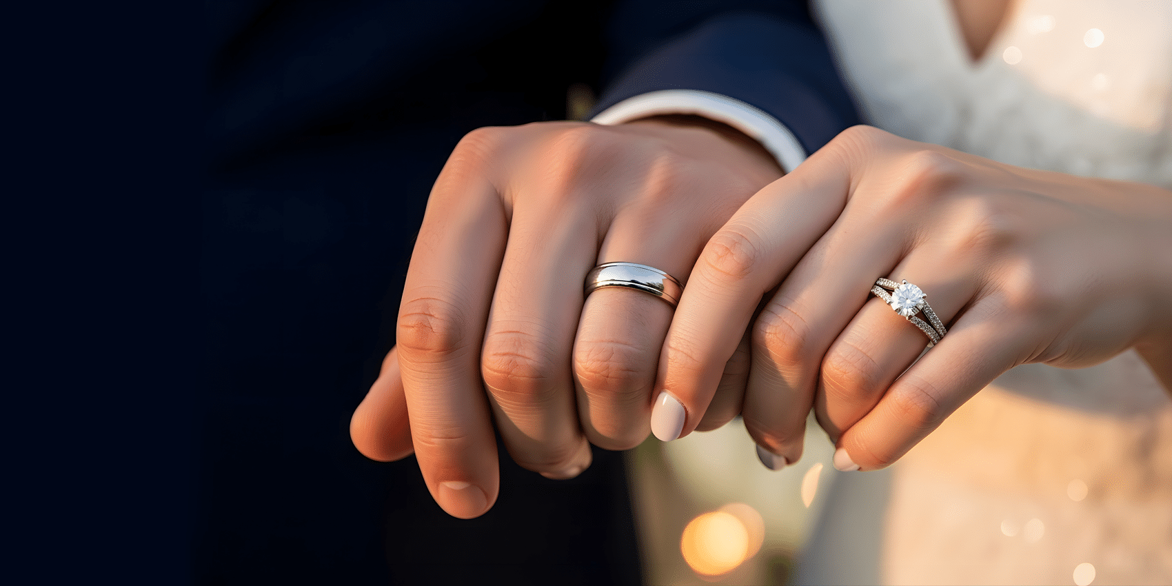 Bride and Groom holding their hands out side by side to display their wedding rings