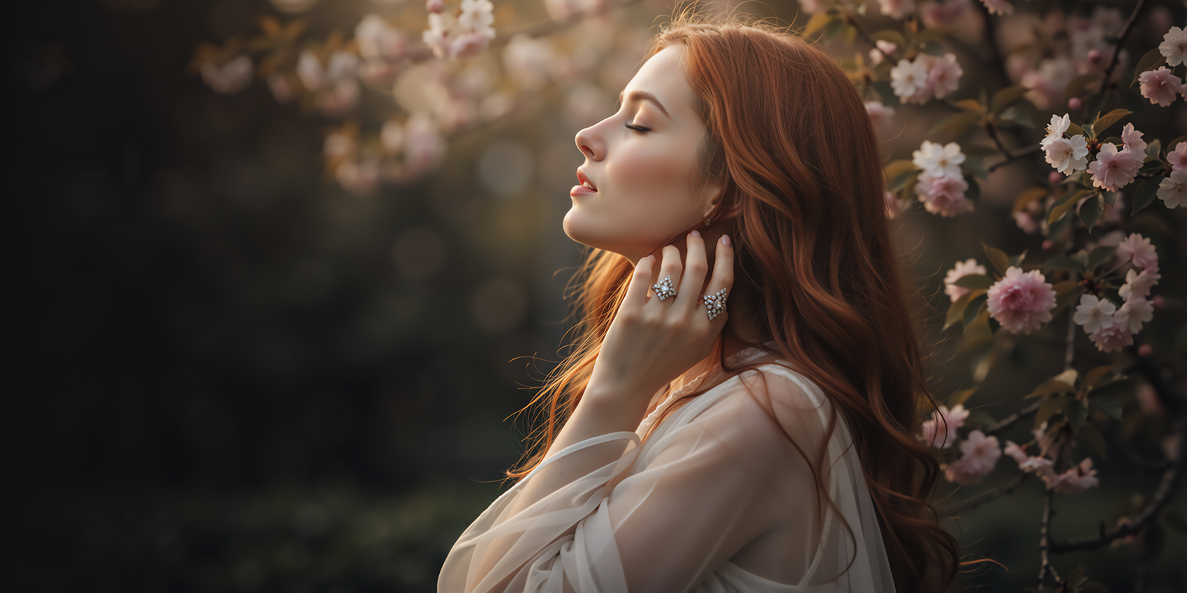 woman in profile with red hair and eyes closed holding a hand with 2 silver and gemstone rings to her face. standing in front of tree with beautiful cherry blossoms