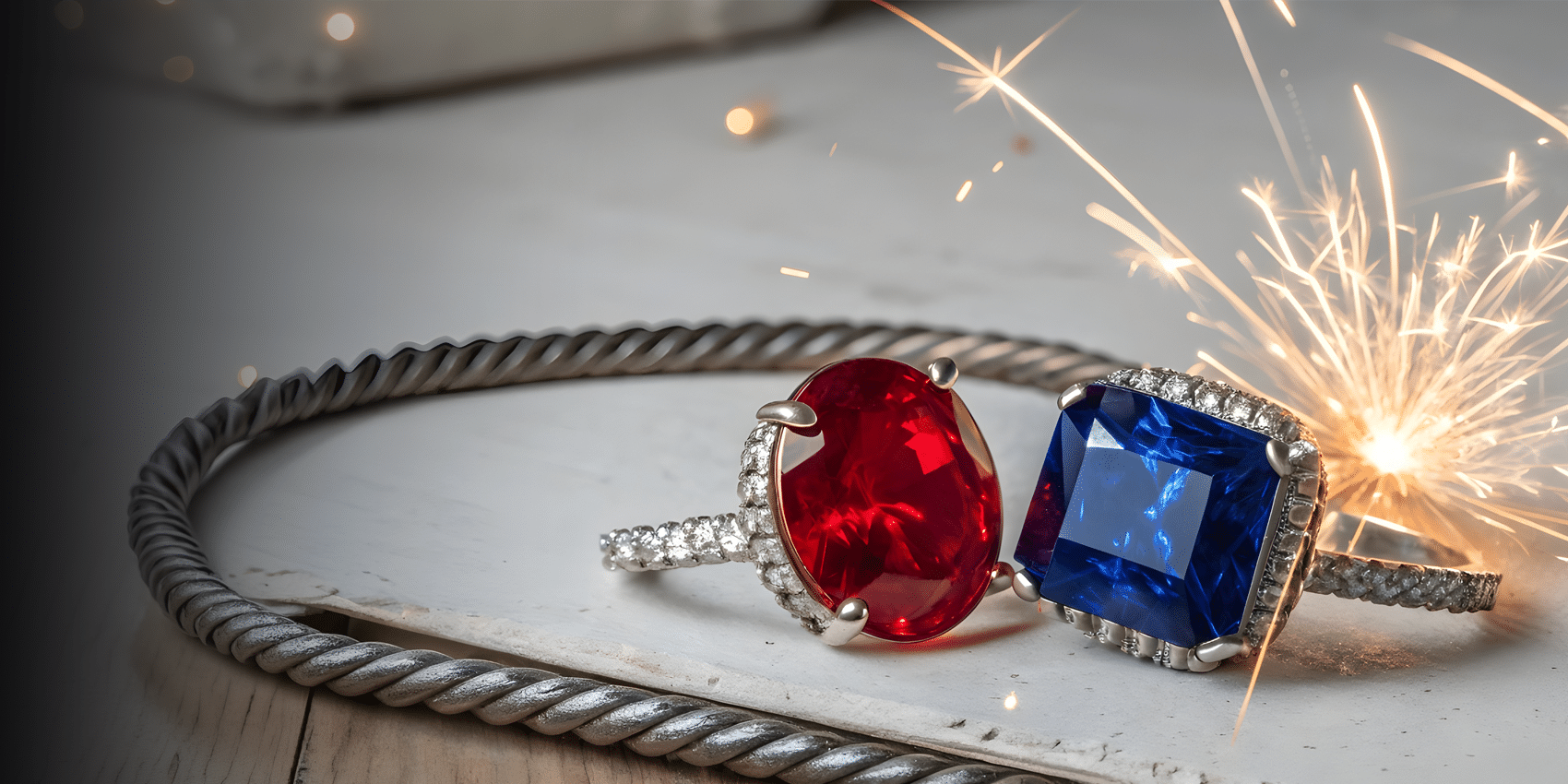 Two white gold rings sitting side by side. left ring is a round red gemstone and right ring is a emerald cut blue gemstone. Background is a silver cord, white surface and a firework spark