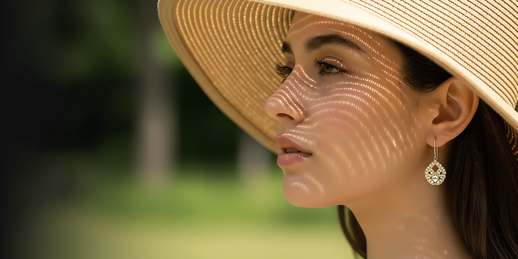 woman wearing a sunhat with diamond earring