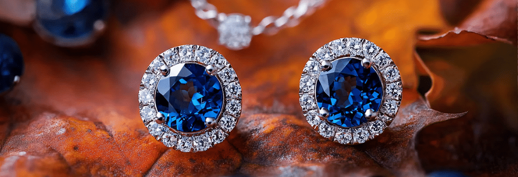 round blue sapphire earrings with diamonds sitting on brown and red fall colored leaves
