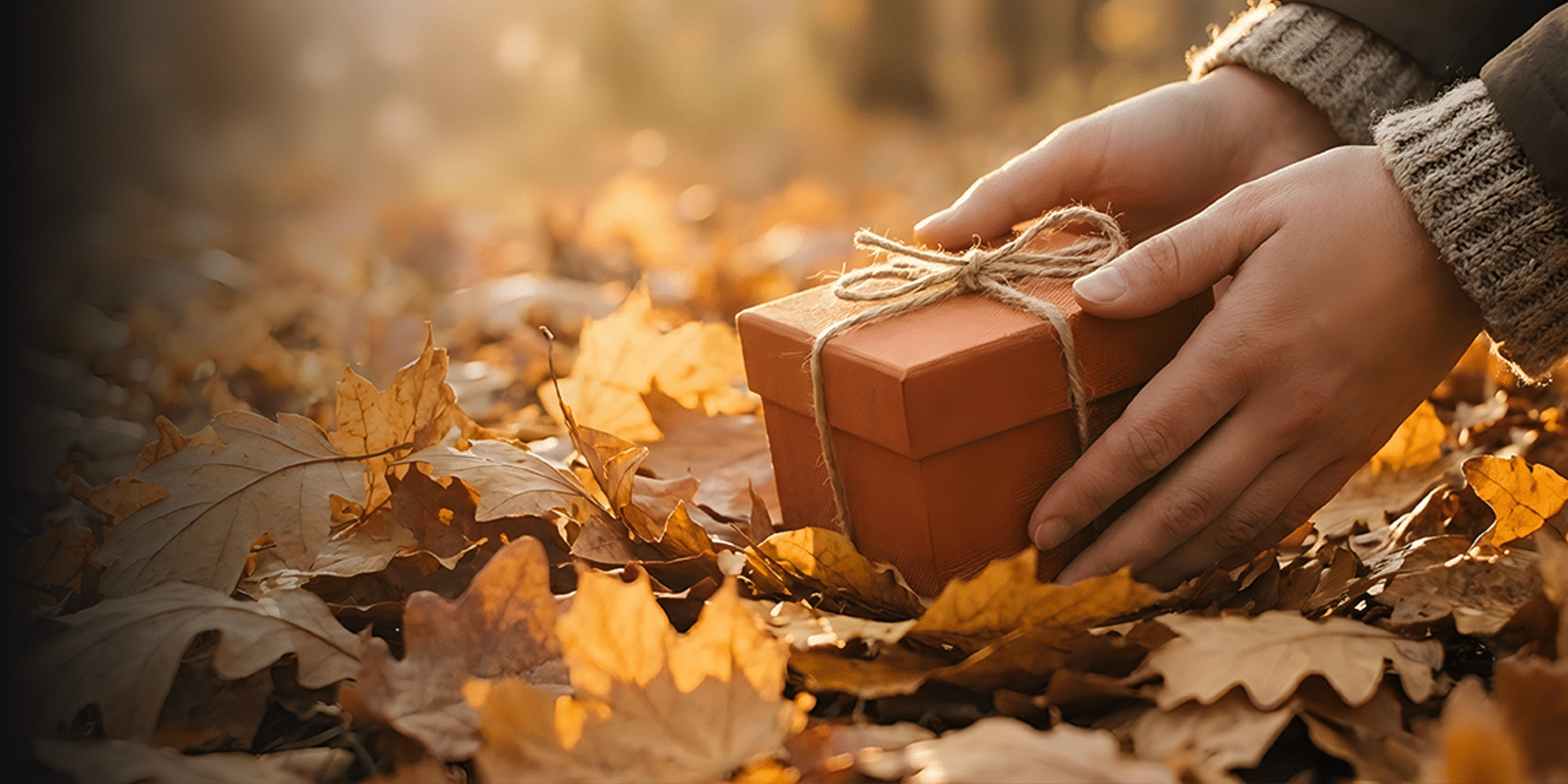 Person holding wrapped gift box among autumn leaves on ground